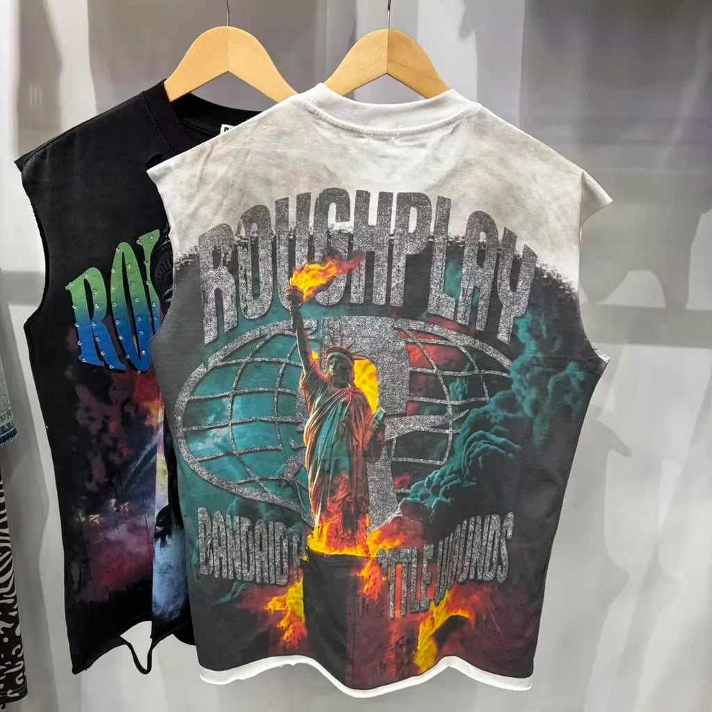 New Rough Play Printed and Rhinestone Double Yarn Pure Cotton Splicing large size loose Men and Women sleeveless vest T-shirt
