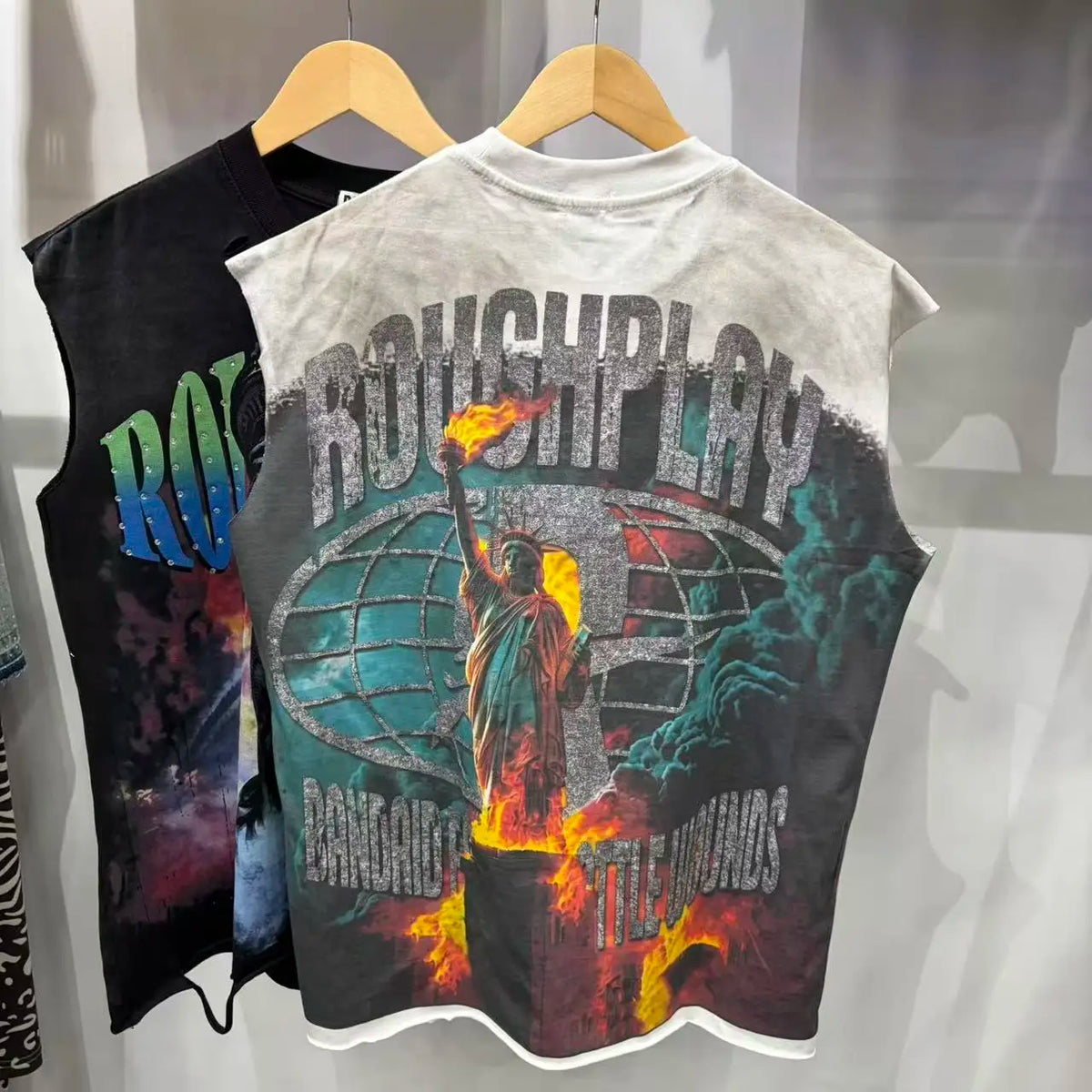 New Rough Play Printed and Rhinestone Double Yarn Pure Cotton Splicing large size loose Men and Women sleeveless vest T-shirt